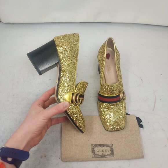 GUCCI GOLD SEQUIN GG PEYTON WEB HEEL SHOE - Picture 1 of 11